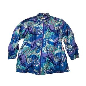 Lady Lavon Vintage 90s Seashell Print Windbreaker Jacket Blue Womens 1X Retro